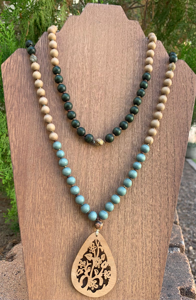 Wood Bead Mala with Carved Wood Pendant