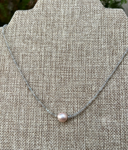 Floating Pearl Necklace - Labradorite w/ Pink Pearl