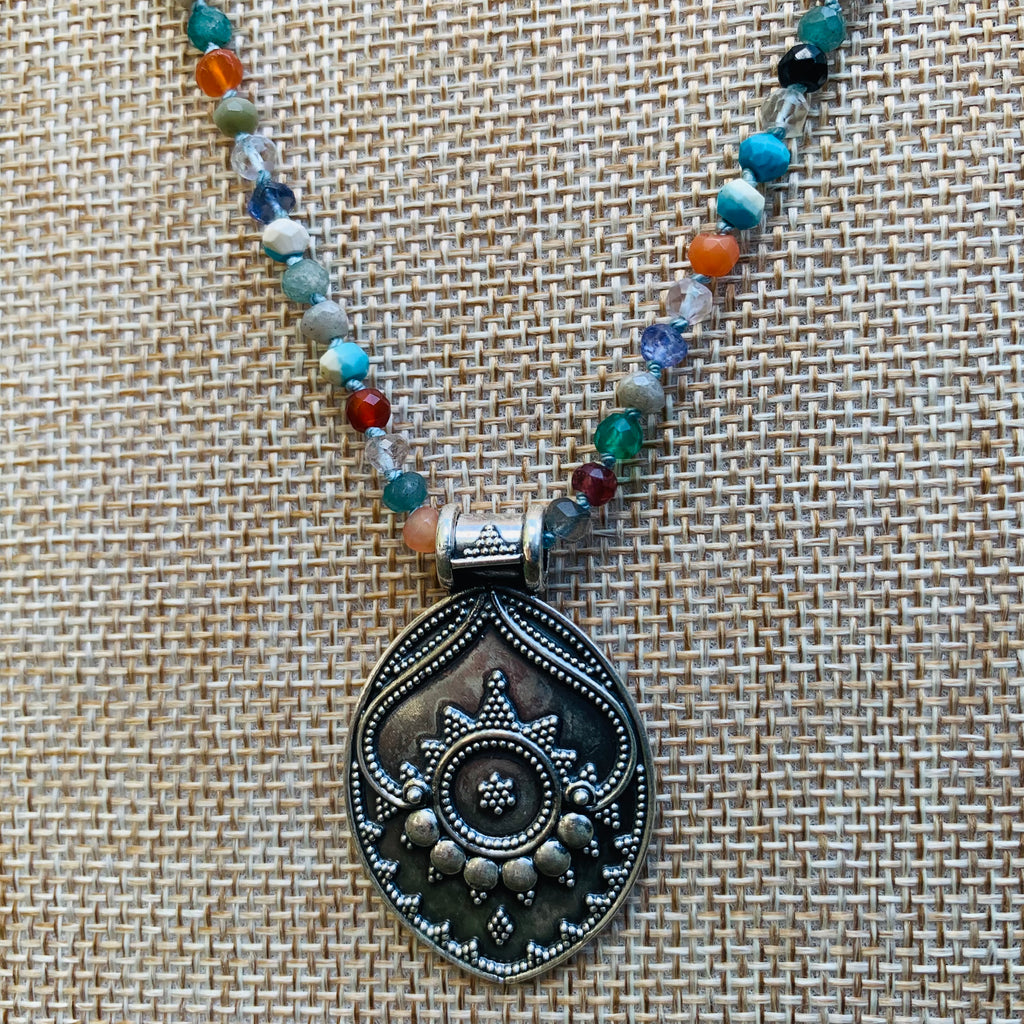 Sterling Silver Lotus Mandala on Multi-Gem knotted necklace