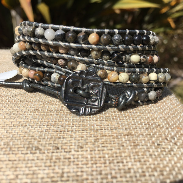 4-Wrap Bracelet - Black Silver Leaf Jasper-Version 2