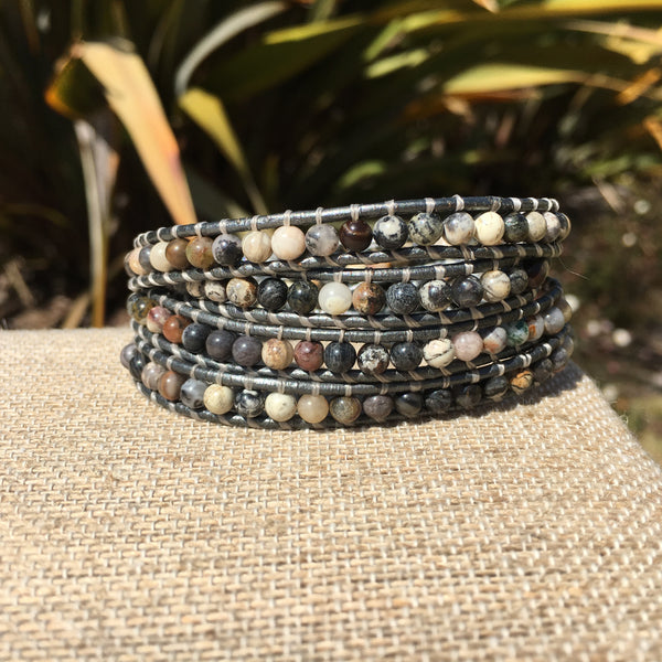 4-Wrap Bracelet - Black Silver Leaf Jasper-Version 2