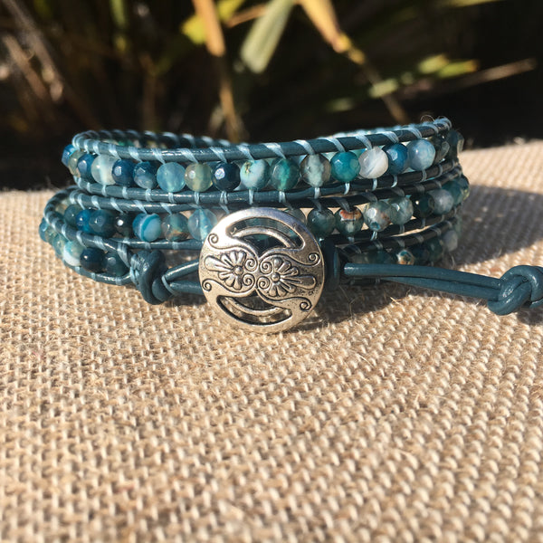 3-Wrap Bracelet -  Dyed Blue/Green Agate