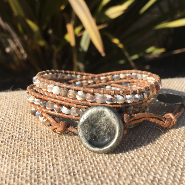 3-Wrap Bracelet - Tibetan Agate on Light Natural Grey Leather