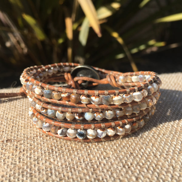 3-Wrap Bracelet - Tibetan Agate on Light Natural Grey Leather