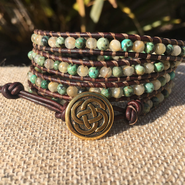 4-Wrap Bracelet - African Turquoise and Quartz