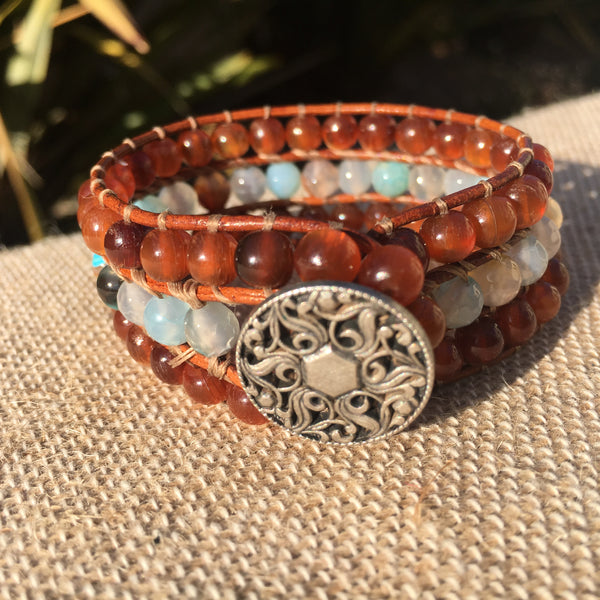 3-Row Santa Fe Cuff - Water Agate and Golden Horn
