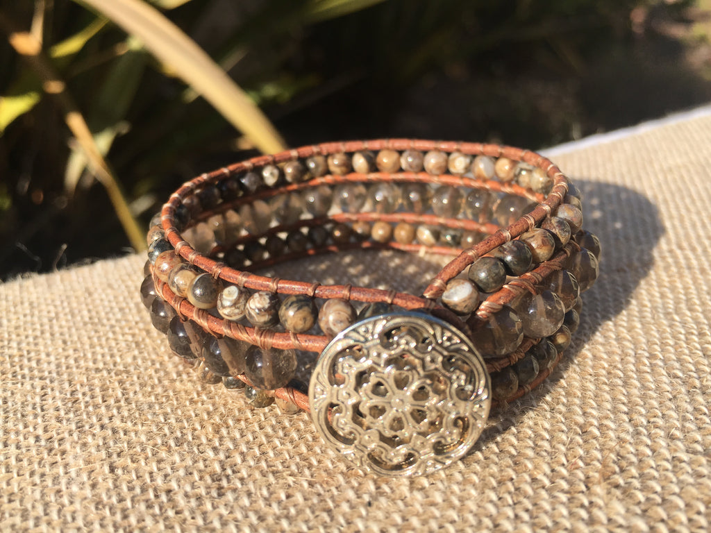 3-Row Santa Fe Cuff - Smokey Quartz with Turitella Agate