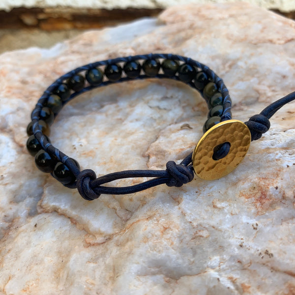 Unisex/Men's - Blue Tiger Eye Single Wrap Bracelet
