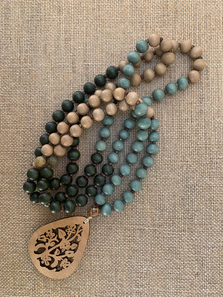 Wood Bead Mala with Carved Wood Pendant