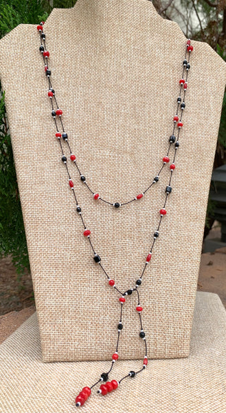 Floating  Beads  - Black and Red Lariat Necklace