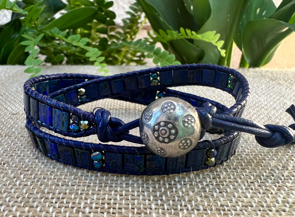 2-Wrap Bracelet - Cobalt Blue Picasso Tila Beads