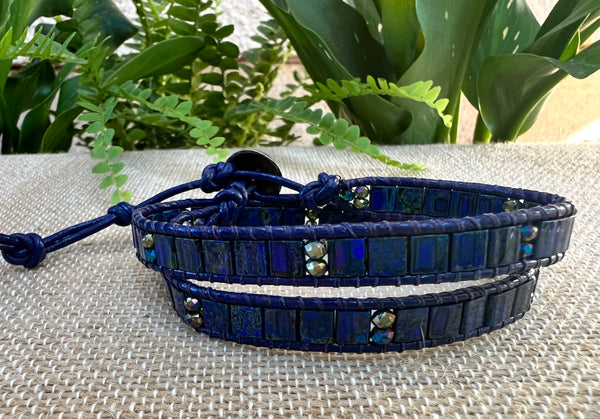 2-Wrap Bracelet - Cobalt Blue Picasso Tila Beads