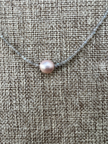 Floating Pearl Necklace - Labradorite w/ Pink Pearl