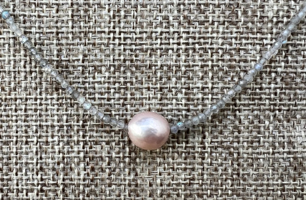 Floating Pearl Necklace - Labradorite w/ Pink Pearl