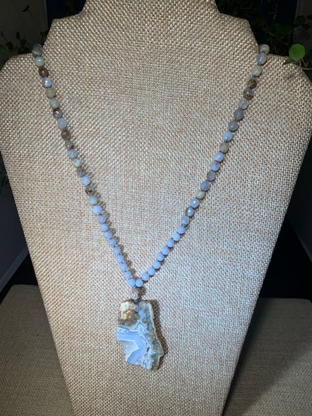 Blue Lace Agate 108 Bead Knotted Mala Necklace