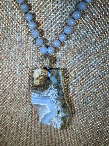 Blue Lace Agate 108 Bead Knotted Mala Necklace