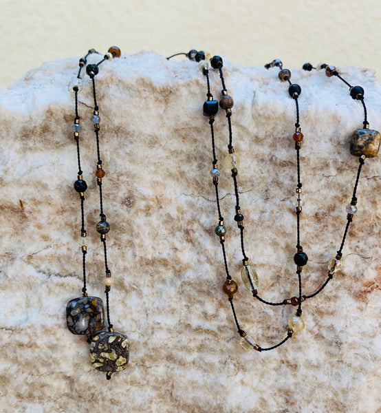 Floating  Beads  - Black & Bronzy Lariat Necklace